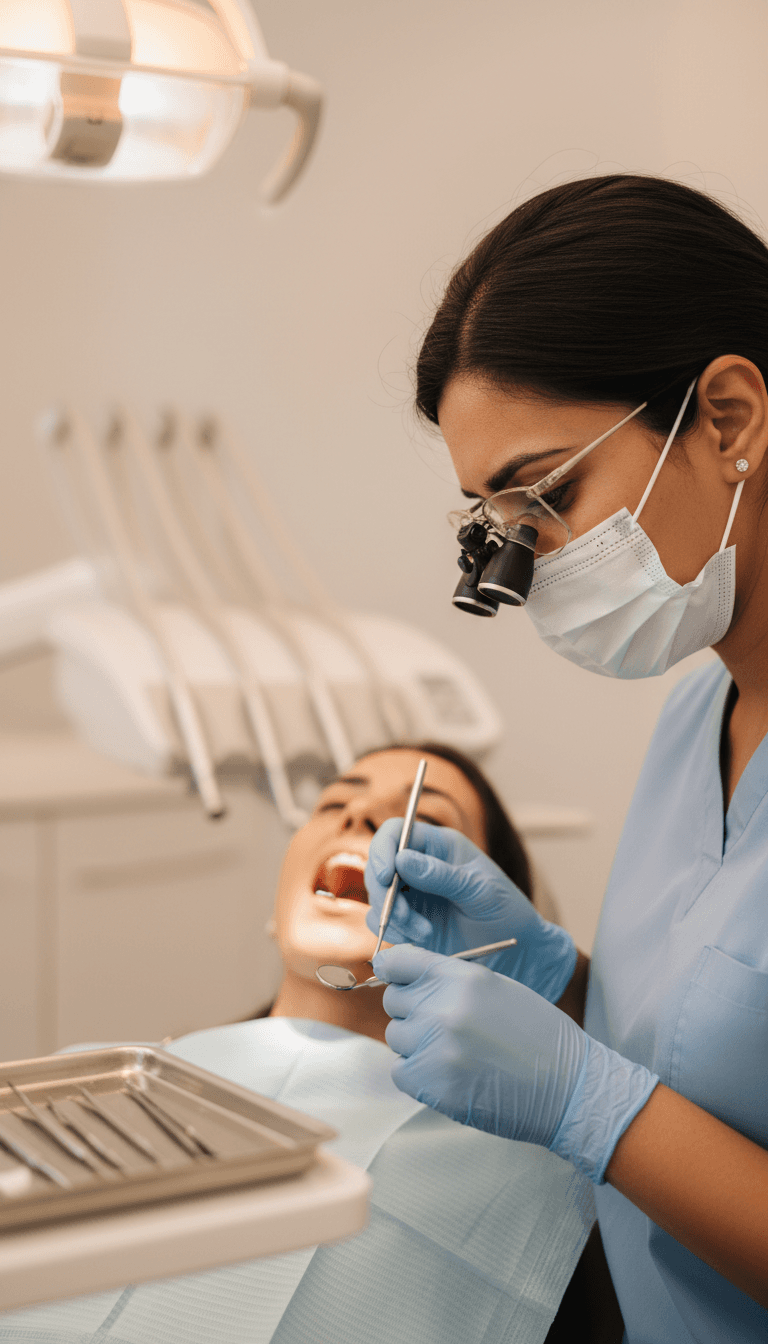 Dental hygienist performing a thorough teeth examination with precision instruments