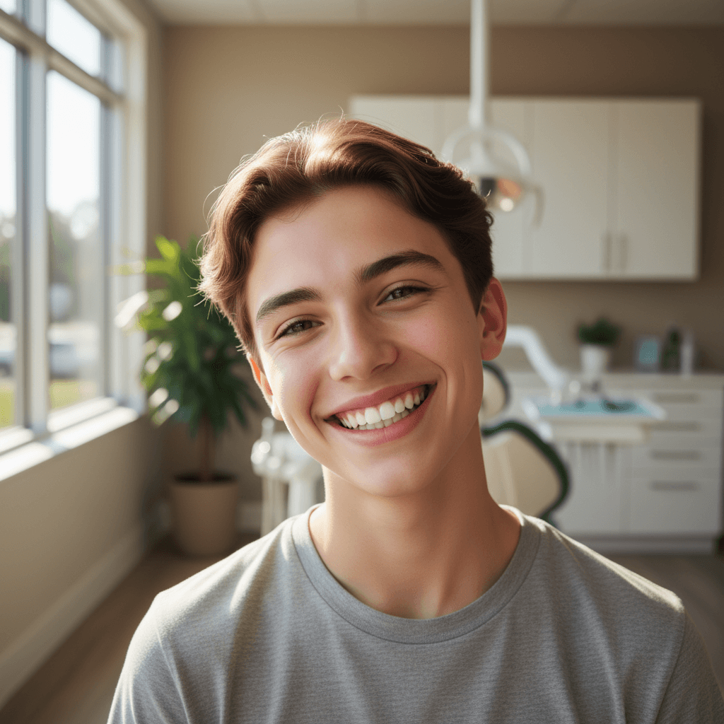 A bright, energetic lifestyle aesthetic medium shot of a young patient smiling confidently after completing orthodontic treatment