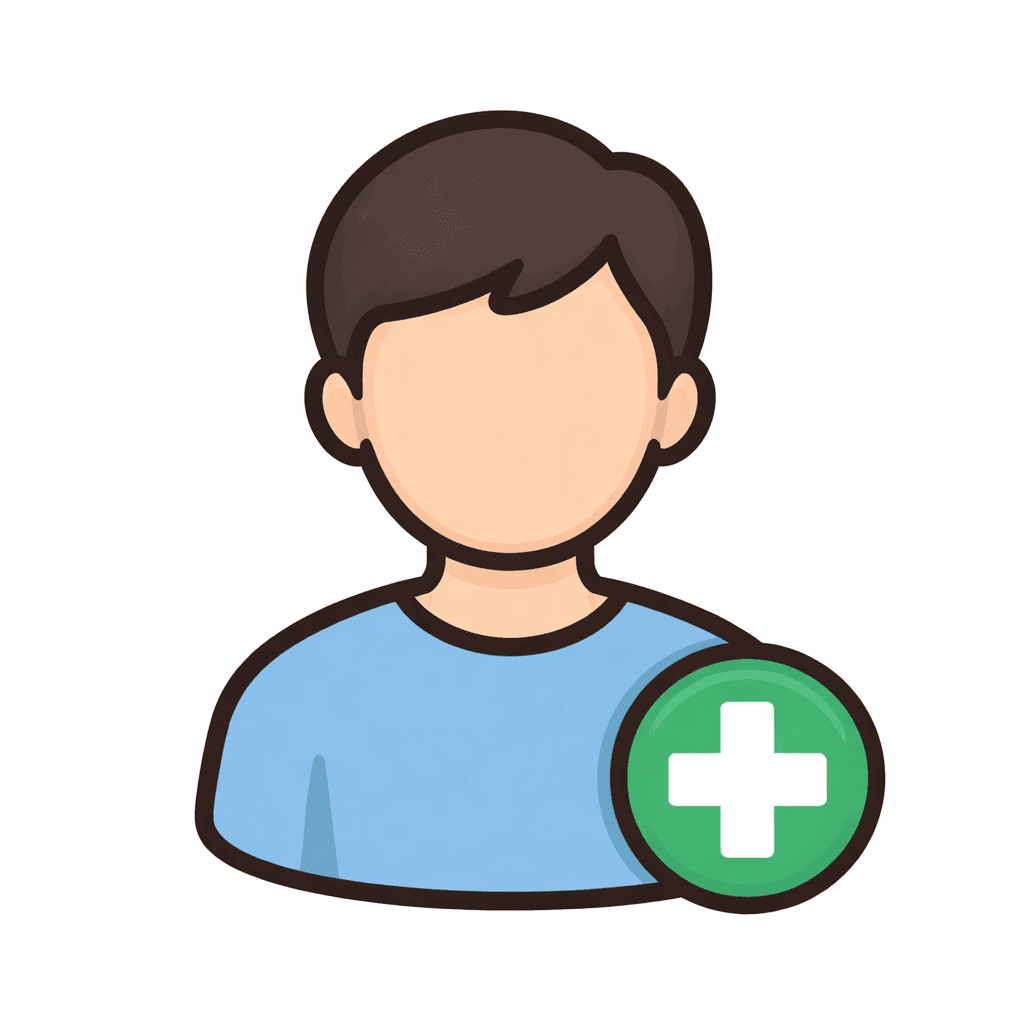 Faceless male avatar in a blue shirt with a green plus sign for adding users.