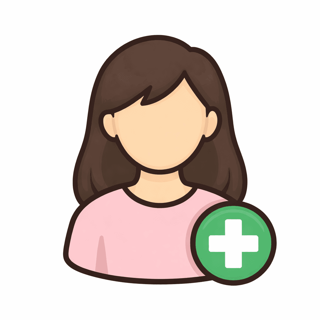 Faceless woman with brown hair and pink shirt next to a green plus sign icon.